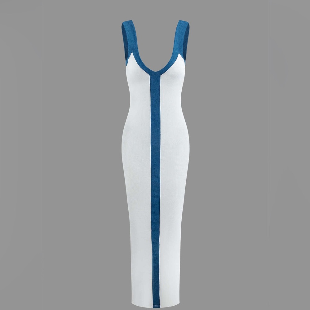 White Maxi Bodycon Dress with Blue Stripe - Picture 2 of 5